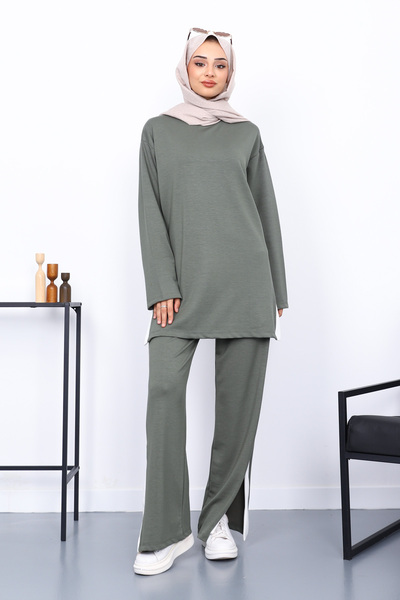 İmajButik Khaki Color Block Modal Tunic Trouser Set