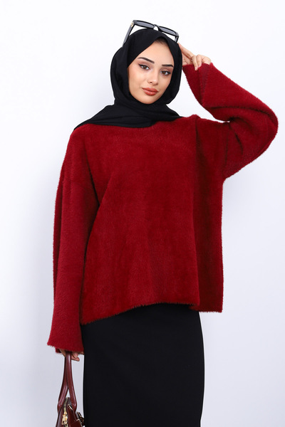 İmajButik Burgundy Crew Neck Oversize Angora Soft Knit Sweater