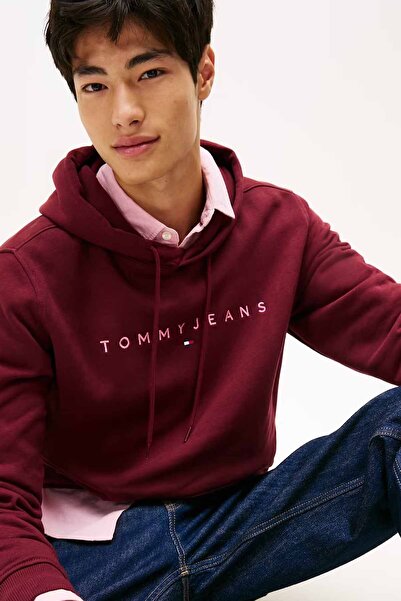 Tommy Hilfiger Erkek TJM Regular Linear Logo Kapüşonlu Sweatshirt - Bordo