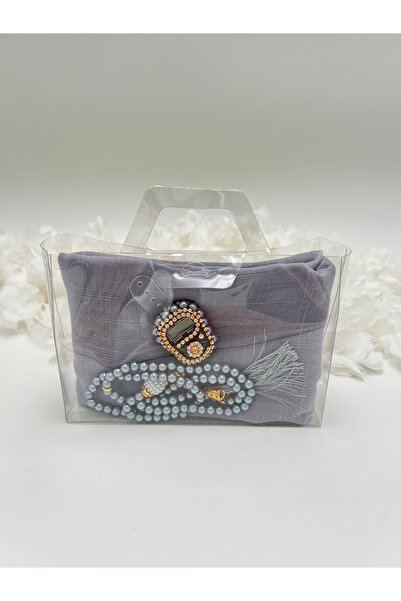 lenagiftworkshop GRİ Hediyelik Şeffaf Çantalı Flamlı Örtü, Zikirmatik ve Tesbih Seti ( Hac - Umre - Mevlid - Bohça )