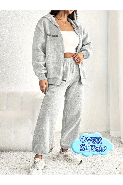LOUİSA Γυναικείο σετ φούτερ με κουκούλα με φερμουάρ, γκρι με στάμπα Free Spirit, ελαστικό πόδι