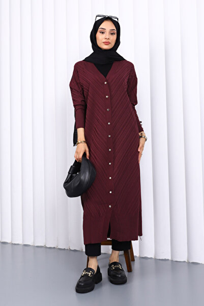 İmajButik Plum Cold Yarn Buttoned Knitwear Cardigan