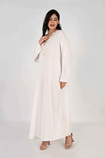 LINELLE Ladies Jalabiya – White Base with V Neck and Embroidered Detailing
