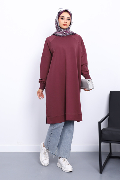 İmajButik Modal Tunic with Slits on the Plum-Colored Sides