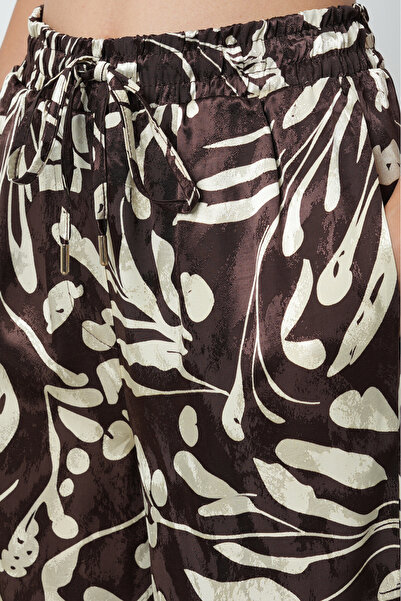 Orfeo Negro Γυναικείο παντελόνι σε καφέ - κρεμ χρώμα με στάμπα με φαρδιά πόδια και ελαστική μέση