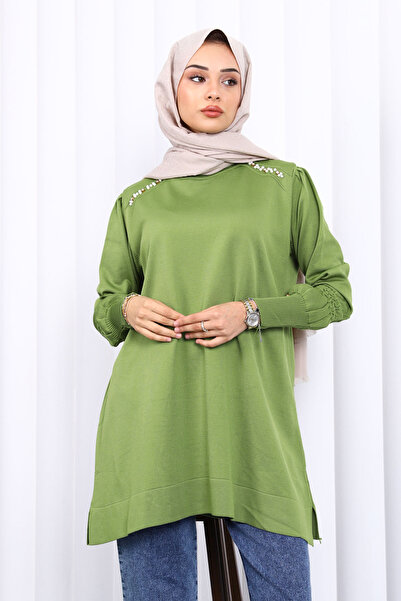 İmajButik Oil Green Shoulder Stone Cold Yarn Knitwear Tunic