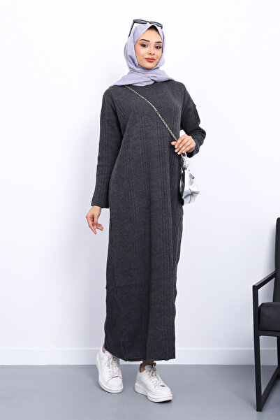 İmajButik Φόρεμα πλεκτό με ραβδώσεις με ψηλό γιακά ανθρακί