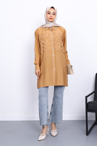 İmajButik Camel Collar Stone Embellished Pre-Plaited Tunic