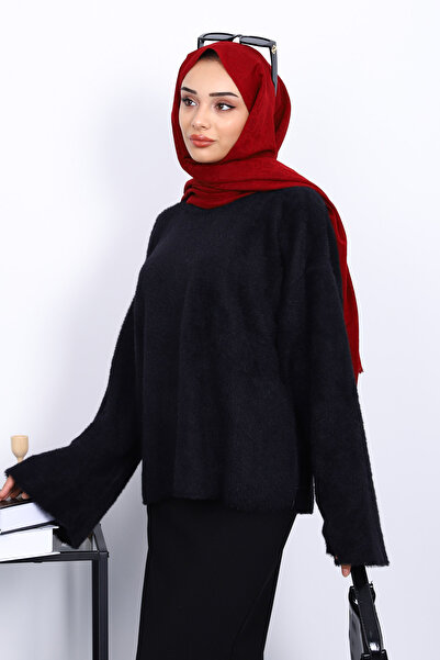 İmajButik Black Crew Neck Oversize Angora Soft Knit Sweater