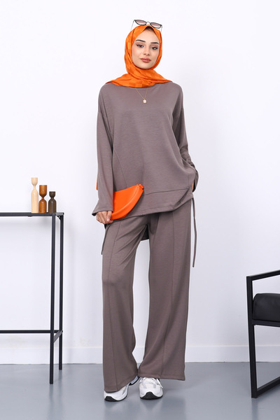 İmajButik Modal Tunic Trouser Set with Mink Front Detail