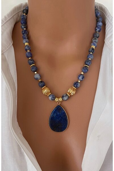 TARZ-I TAKI DOĞAL TAŞ Mavi Sodalit Taşı ve Altın Kaplamalı Taş Kolye Ucu Kadın Kolye Anne Sevgili Özel Hediye
