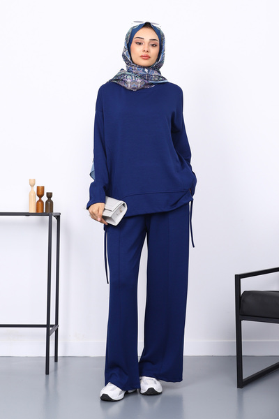 İmajButik Синій комплект з тунікою з модалу та брюками з деталями спереду