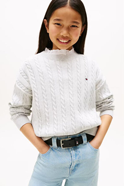 Tommy Hilfiger Kız Çocuk Regular Fit Fırfır Yakalı Saç Örgüsü Desenli Triko Kazak - Gri