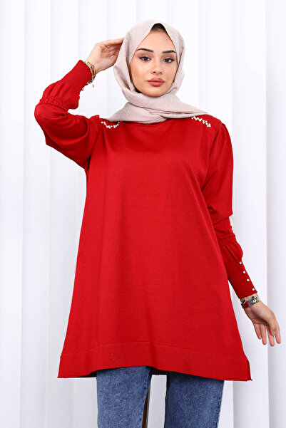 İmajButik Burgundy Shoulder Stone Cold Yarn Knitwear Tunic