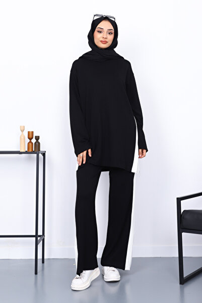 İmajButik Black Color Block Modal Tunic Trouser Suit