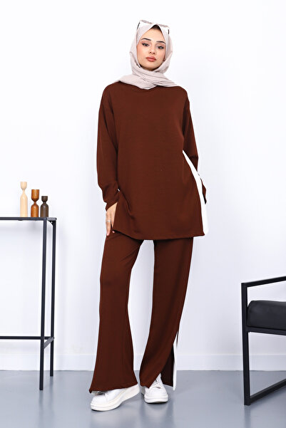 İmajButik Brown Color Block Modal Tunic Trouser Suit