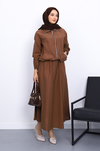İmajButik Brown Pocketed Elastic Waist Skirt Suit