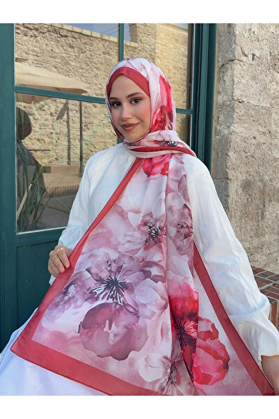 Nûda - Tarzın Değil , Tavrın Zarafeti Mira Silk Rose Pattern Cotton Shawl Burgundy
