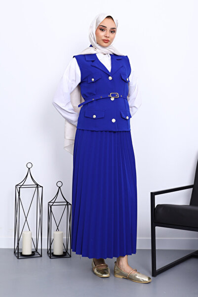 İmajButik Saks Blue Belted Vest Skirted Crepe Suit