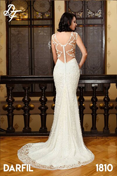 Celestielle Rochie de mireasă fără mâneci, model sirenă – dantelă, spate transparent, decolteu adânc în V, paiete și design mulat cu mărgele