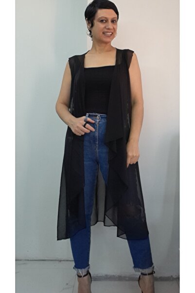 Mertcan Butik Black Draped Front Loose Sleeveless Tulle Vest