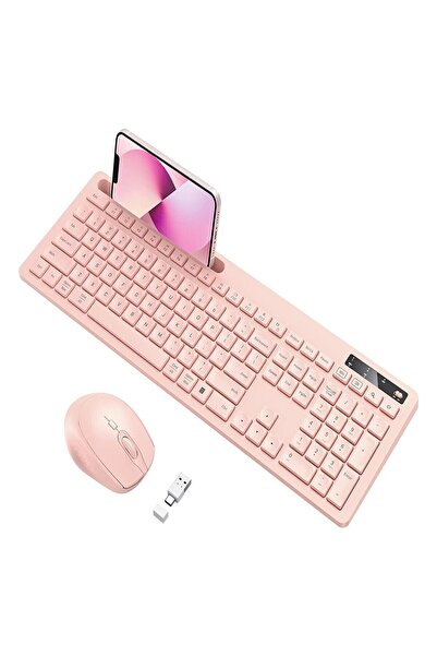 Vivefox Kablosuz Klavye ve Mouse - Telefon Tutuculu USB Type-C - Bebek Pembesi