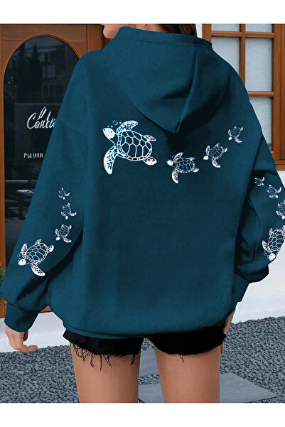 EVIus Hanorac oversize cu glugă cu imprimeu broasca țestoasă, culoare petrol