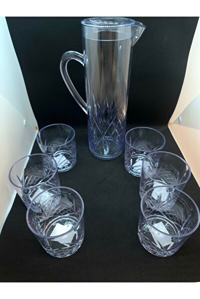 Mustran 1.5 L Clear Acrylic Pitcher and Set of 6 300 ml Water Soft Drink Ayran Cups Unbreakable, Home Workplace Restaurant