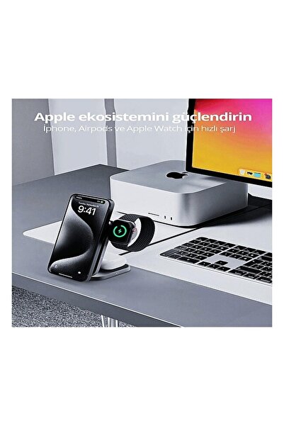 AUKEY LC- MC312- GY Magfusion Z Qi2 15 W Katlanabilir 3'ü 1 Arada Mıknatıslı Kablosuz Şarj Cihazı