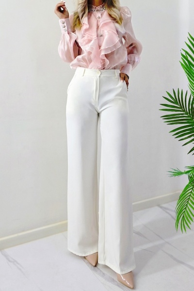 FashionForYou AVIA women's elegant pants, wide cut with pockets, WHITE