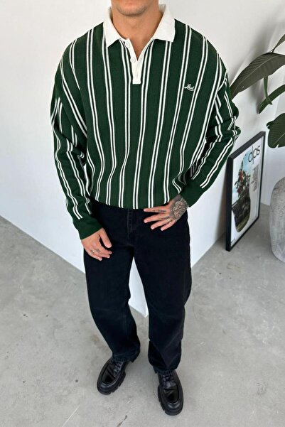 HAFKAGİYİM Πράσινο ριγέ φούτερ με λαιμόκοψη πόλο