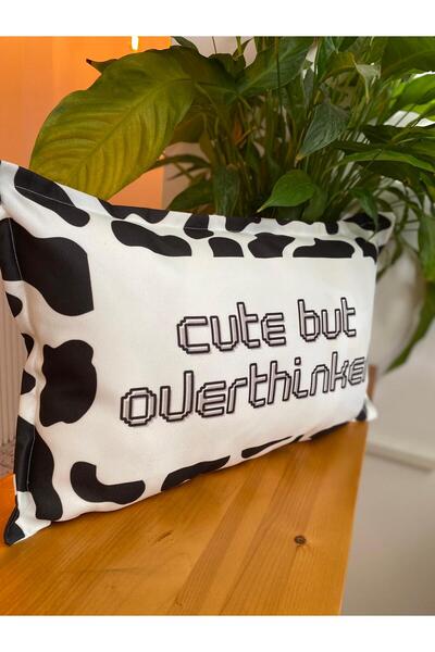 RahanDesign Cute but Overthinker Written Black and White Patterned Double-Sided Suede Throw Pillow Cover - 30X50Cm