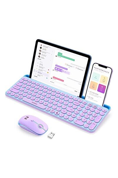 Seenda Yuvarlak Tuşlu Sevimli Kablosuz Klavye ve Mouse, Bluetooth 2.4g - Mavi/pembe