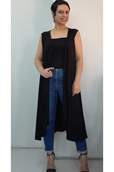 Mertcan Butik Black Draped Front Loose Sleeveless Combed Viscose Vest
