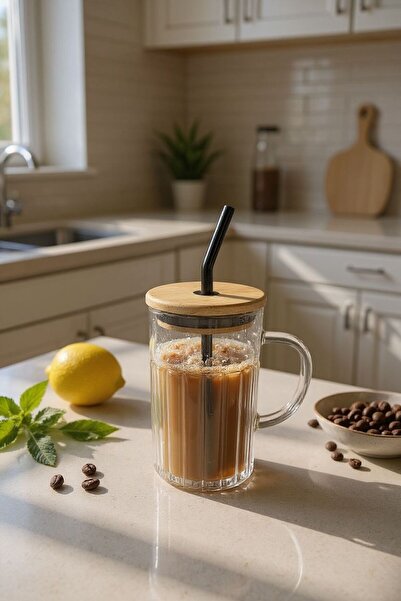 LAVİNYACONCEPT كوب زجاجي بغطاء من الخيزران وشفاطة - 420 مل