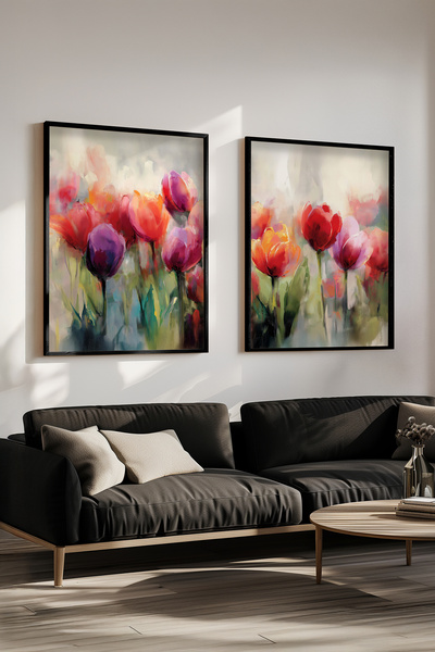 STARYUNA Oil Painting Effect Black Wooden Framed Colorful Tulip Flower Double Painting Set Yuna425