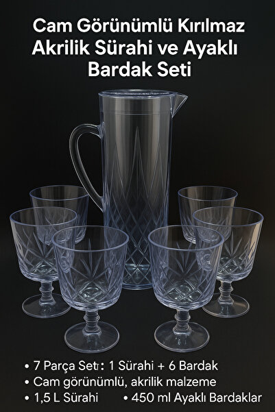 Mustran 1.5 L Transparent Acrylic Jug Set of 6 450 ml Stemmed Glasses Glass-Looking Dowry Set Home Workplace
