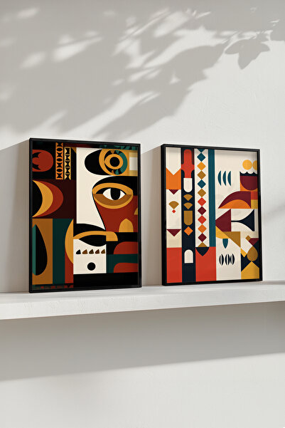 STARYUNA Black Wooden Framed Abstract Geometric Ethnic Patterned Double Painting Set Yuna423