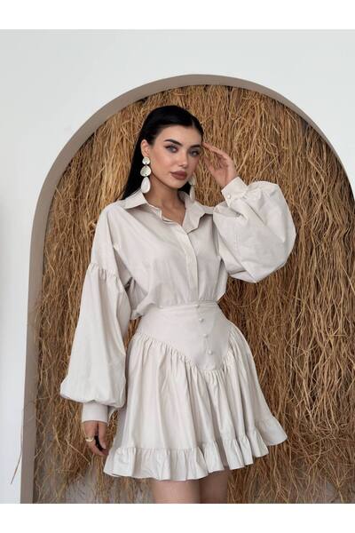 ETİKAFASHION Balon Kol Eteği Fırfırlı Poplin İkili Takım