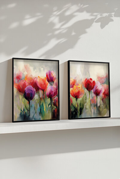 STARYUNA Oil Painting Effect Black Wooden Framed Colorful Tulip Flower Double Painting Set Yuna425
