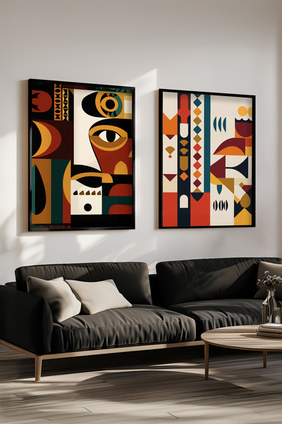 STARYUNA Black Wooden Framed Abstract Geometric Ethnic Patterned Double Painting Set Yuna423