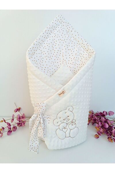 OMY Ecru Chickpea Baby Blanket for Girls/Boys Swaddle with Teddy Bear Embroidery Hospital Release Newborn Cover