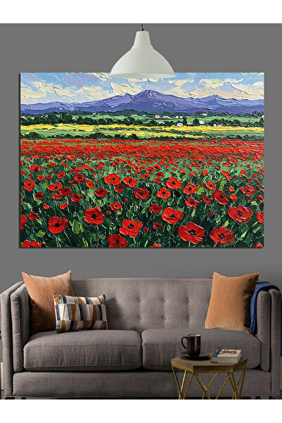 Artmeg Dağların Önünde Gelincik Tarlası Dekoratif Kanvas - Mdf Ahşap Tablo