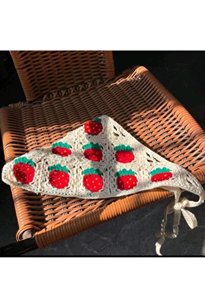 REBORN DESIGN Bohemian Knitted Strawberry Figured White Color Cotton Bandana Scarf