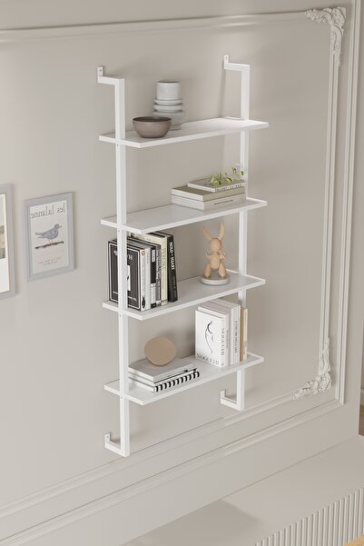 Euromob 60x20 cm Beyaz Metal 4 Raflı Duvar Rafı | Kitaplık & Mutfak Banyo Organizer