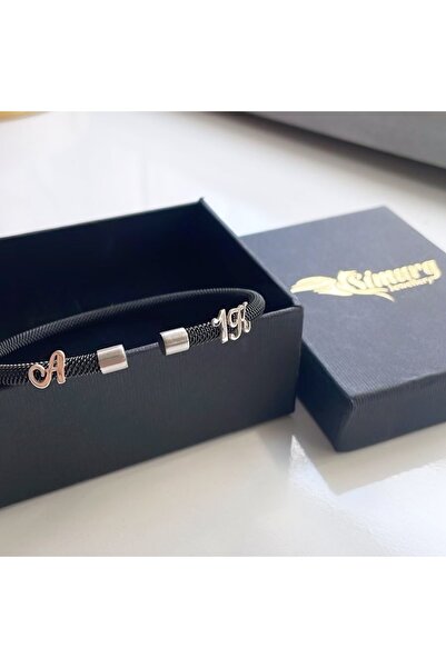 simurg jewellery Simurg Fashion Siyah Çelik Gümüş Harf Detaylı Örgü Bileklik