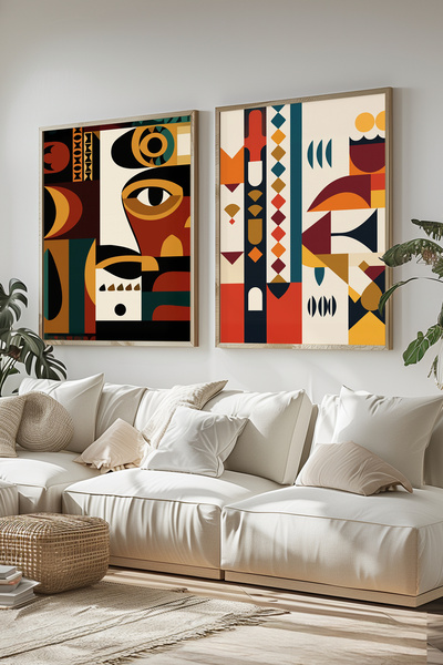 STARYUNA Ethnic Painting, Wooden Framed Abstract Geometric Ethnic Patterned Double Painting Set Yuna423