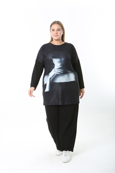 XL Modam Wool Viscose Patterned Lycra Women's Plus Size Tunic
