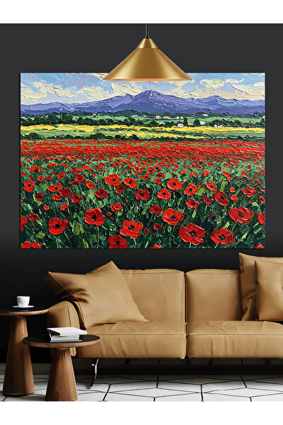 Artmeg Dağların Önünde Gelincik Tarlası Dekoratif Kanvas - Mdf Ahşap Tablo