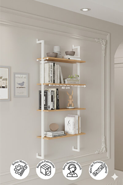 Euromob 40x20 cm Beyaz Metal 4 Raflı Duvar Rafı | Kitaplık & Mutfak Banyo Org...